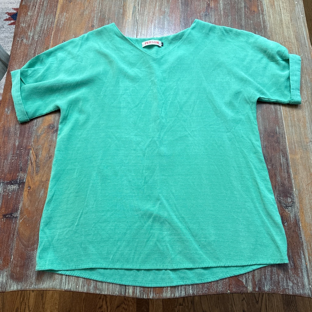 Persun Kelly Green Slub Knit V Neck Top XL